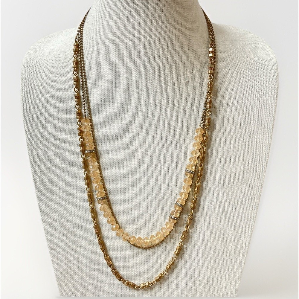 J Crew 3 Layer Necklace Peach Crystal Gold Tone Long 24" Boho Statement